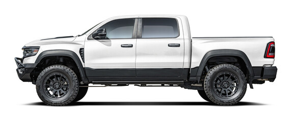 Modern powerful American white pickup truck, side view in png format.