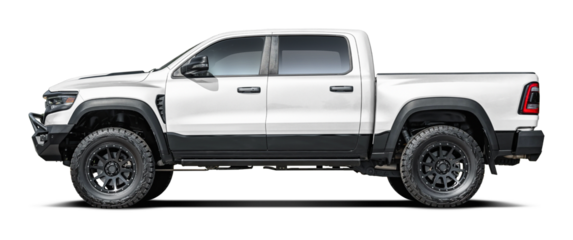 Modern powerful American white pickup truck, side view in png format.