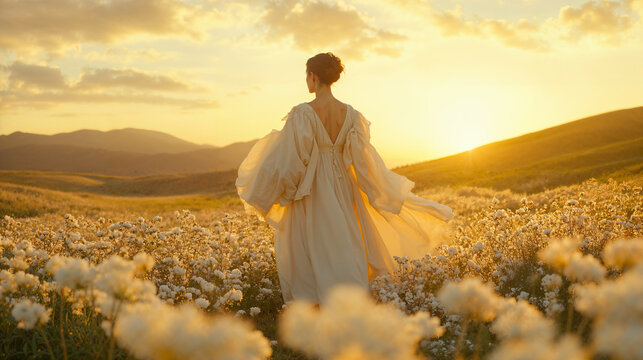 Spring evening stroll in a field of flowers.