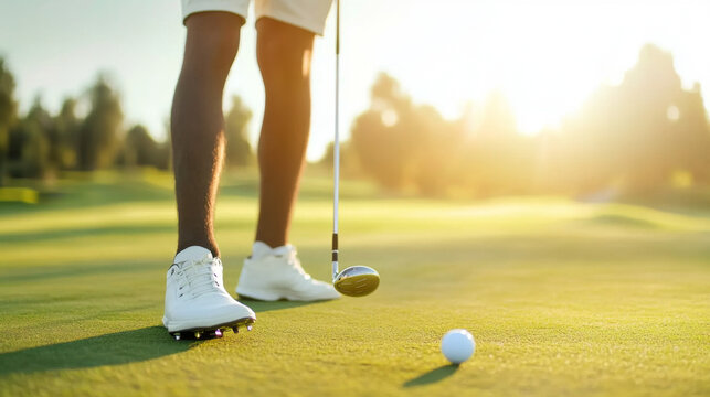 Golf ball and club close-up on lush green golf course background