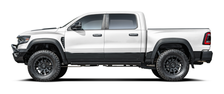 Modern powerful American white pickup truck, side view in png format.