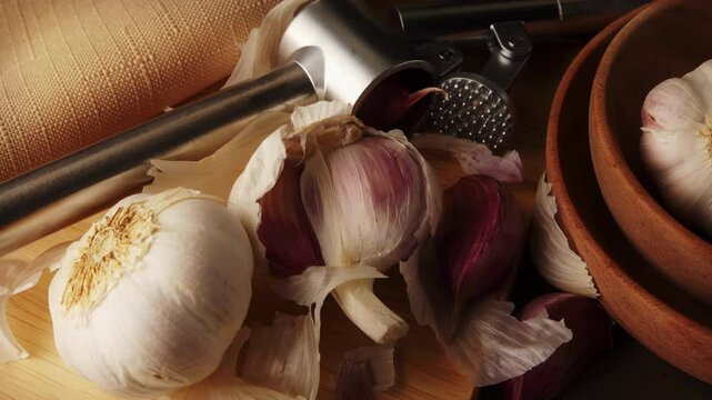 Garlic bulb and crusher squeezer top down view stock footage