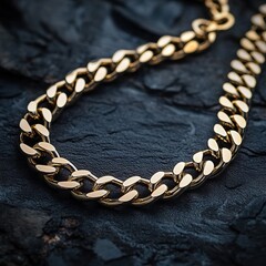 Elegant gold chain necklace displayed on dark stone surface jewelry photography studio environment close-up view for fashion enthusiasts