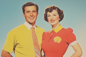Retro Couple 1950s in Vintage Attire Smiling Against Bright Blue Background