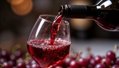 Pouring red wine into a glass surrounded by fresh grapes in an elegant setting