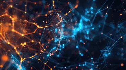 Fototapeta premium This abstract futuristic background features glowing lines and nodes in vibrant blue and orange tones. Ideal for technology and innovation themes.