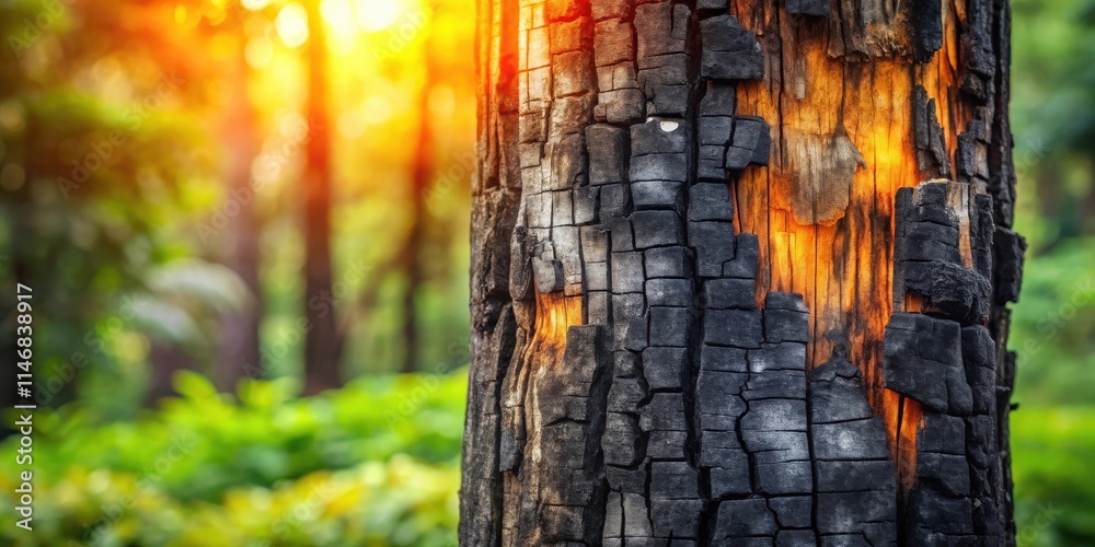 Aufkleber A Charred Tree Trunk Glowing with the Warmth of a Setting Sun, A Testament to Resilience and the Cycle of Nature
