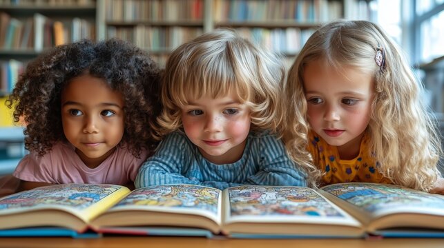 Curious children enjoying colorful books in a library setting - Powered by Adobe