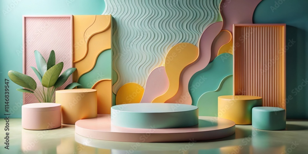 Poster abstract minimalist 3d rendering with cylindrical platforms and wavy geometric shapes in pastel tone