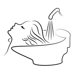 The main profile of a beautiful lady. The girl in the beauty salon. Woman washes her hair with water in the hairdresser's car wash. Vector illustration.