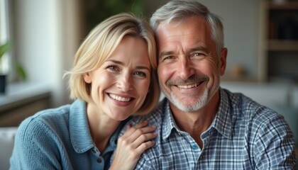 Fototapeta premium A happy couple, a middle-aged man with gray hair and a woman with blonde hair, are smiling warmly at the camera, radiating love and joy. Their close embrace and genuine expressions create an inviting
