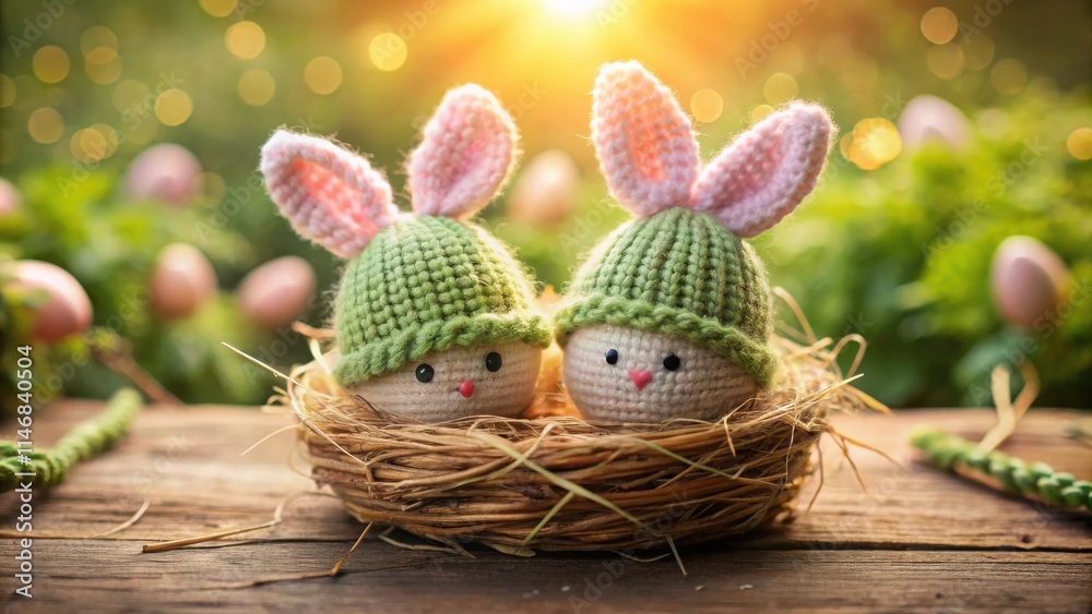 Aufkleber Two Knitted Easter Bunny Eggs Nestled in a Hay Nest with a Blurred Background of Spring Greenery and Bokeh Lights
