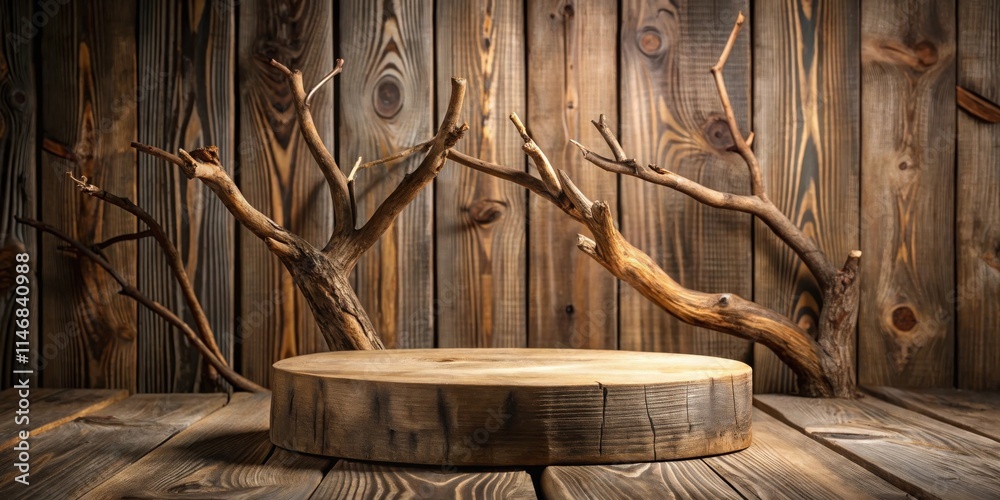 Poster a rustic wooden table top with weathered branches in the background and a circular wooden surface in