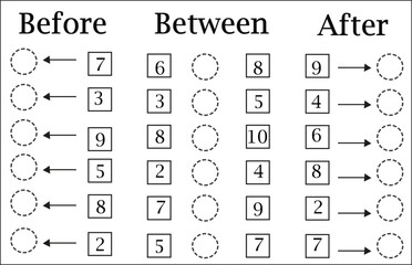 What comes before - between and after, math worksheets for kids.