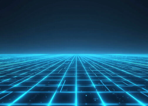 a futuristic digital grid room with glowing blue lines extending across the floor and fading into the horizon.
