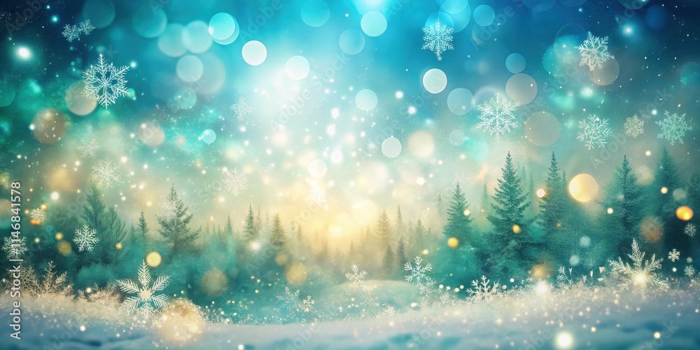 Poster a magical winter wonderland with a bokeh effect and falling snowflakes over a snowy forest.