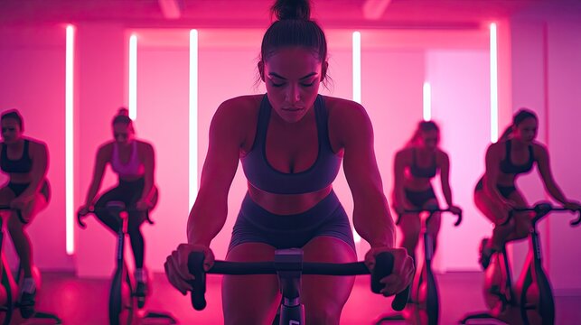 Focused woman in a spin class, cycling intensely with other women in a vibrant pink studio.