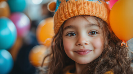 Joyful Child Celebrating Christmas with Balloons and Winter Hat