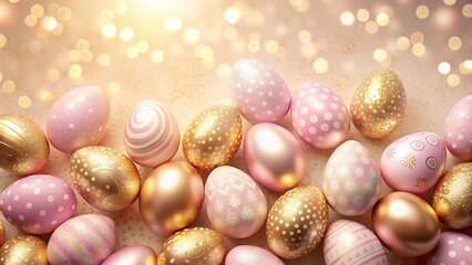 A collection of pastel pink and gold Easter eggs with various patterns arranged on a soft beige background with blurred warm lights, symbolizing springtime and celebration.
