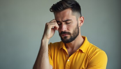 Obraz premium A thoughtful man with a well-groomed beard wears a vibrant yellow shirt, his hand resting on his forehead in contemplation. The image captures a moment of introspection, reflecting the weight of