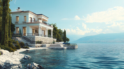 Obraz premium Spectacular waterfront villa with water in the ocean, Luxury building by the water with a beautiful landscape and blue sky and ocean water, property on luxury islands for investment with buildings.
