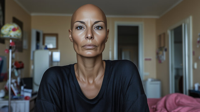sad face of 32 years old woman bald head after caner sitting on the sofa at home