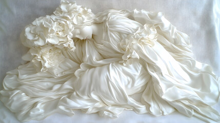 A serene, draped figure adorned with white fabric and flowers, evoking calmness and beauty.