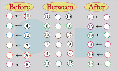 What comes before - between and after, math worksheets for kids.