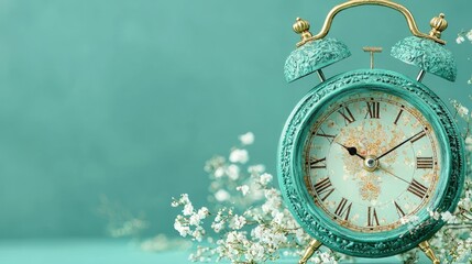 Teal vintage alarm clock with white flowers.
