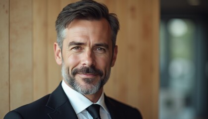 A distinguished man in a tailored suit stands against a warm wooden backdrop, exuding confidence and professionalism. His charming smile and well-groomed beard reflect a blend of charisma and