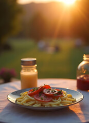 breakfast on a table, pasta italian food
