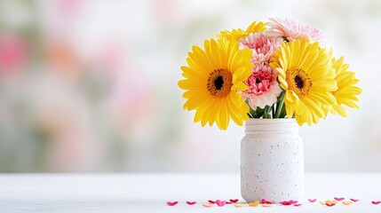Fototapeta premium Yellow gerbera daisies and pink carnations in a white jar.