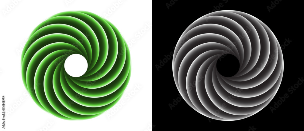 Poster 2 abstract color spirals over black and white backgrounds. swirl pattern logo or icon. circle with 1