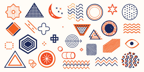 Obraz premium Different set of geometric shapes. Memphis design retro elements. Collection trendy halftone geometric shapes. trends designs and vintage graphics design element collection. vector file easily used.