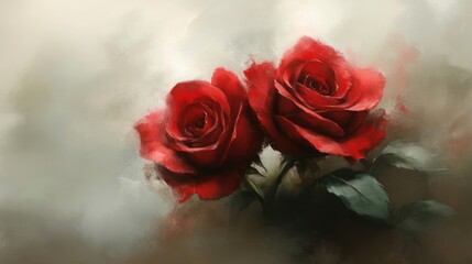 Two red roses painted in a soft, impressionistic style.