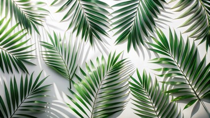 A symmetrical arrangement of palm fronds casts long shadows on a white backdrop, creating a serene and elegant tropical aesthetic.