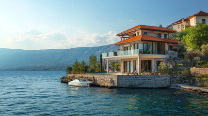 Naklejka premium Spectacular waterfront villa with water in the ocean, Luxury building by the water with a beautiful landscape and blue sky and ocean water, property on luxury islands for investment with buildings.