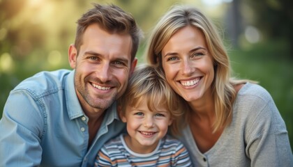 Fototapeta premium A happy family of three, featuring a smiling man, woman, and their young son, radiates warmth and love in a lush green park. The golden sunlight enhances their joyful expressions, capturing a moment