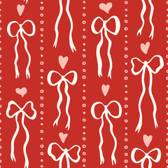 Seamless pattern with doodle bows, hearts. Trendy vertical stripe background. Hand drawn vector illustration. Valentine's day wrapping paper, social media cottage core banner.