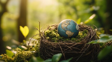 Obraz premium Globe in Bird Nest Representing Eco-Consciousness