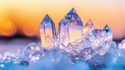 Obraz premium Sparkling quartz crystals on ice at sunset.