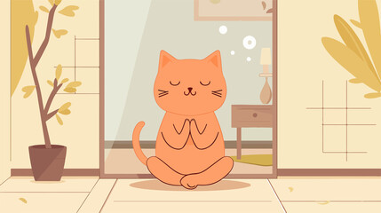 Cute Cartoon Meditating Cat Drawing Flat Vector Illustration
