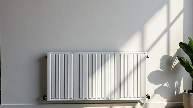 A modern white radiator in a stylish room, forward dolly push in