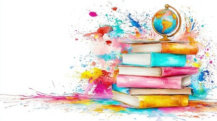 Colorful books and globe on watercolor splash background.