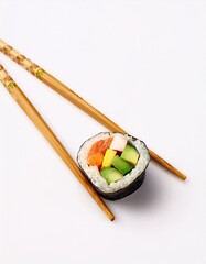 A single piece of sushi with chopsticks on a white background.