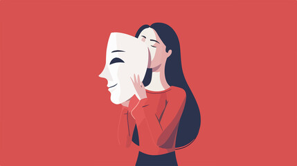Sad Woman Concealing Emotions behind Fake Happiness Flat Vector Illustration