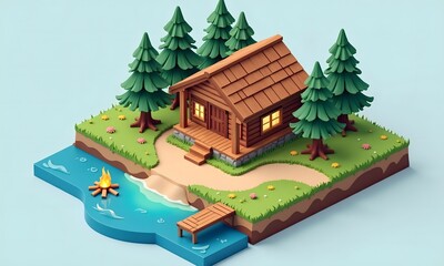 Cozy Lakeside Cabin: A Low-Poly 3D Render of a Serene Escape in the Woods