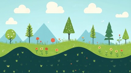 Naklejka premium Idyllic spring landscape with blooming flowers, trees, and mountains under a clear blue sky.