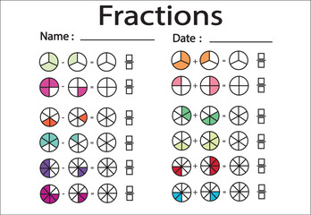 Fractions worksheets. Math game for preschool and school age children.