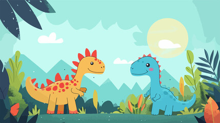 Obraz premium Adorable Cartoon Dinosaurs Illustration Set for Kids with Simple Minimalistic Design